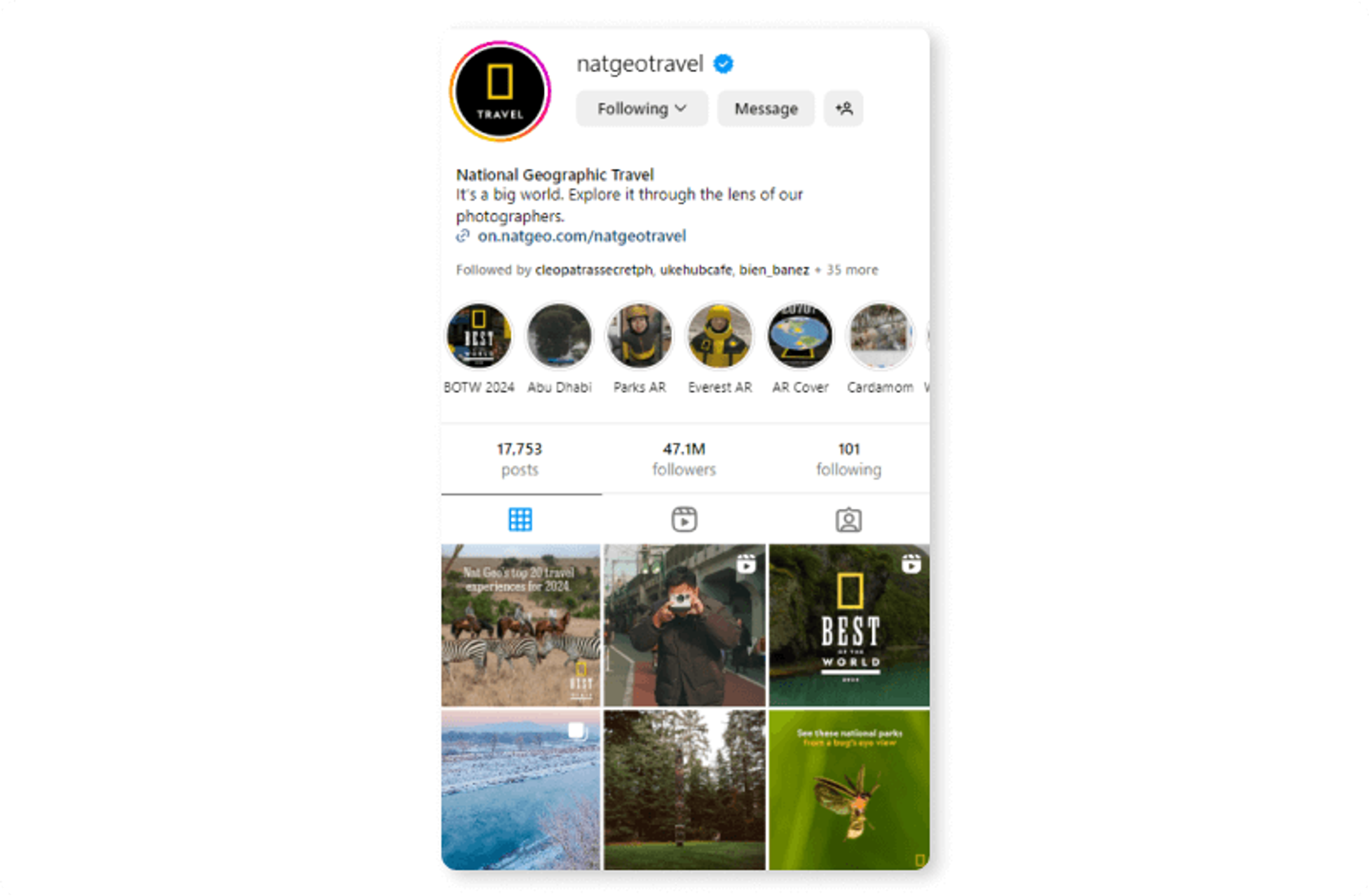 Instagram-profil af National Geographic Travel med varierede billeder