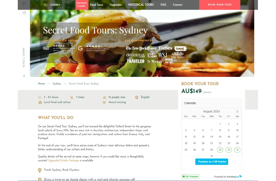 site web des visites gastronomiques secrètes montrant le widget de réservation de TicketingHub sur leur page de réservation de visite gastronomique à Sydney