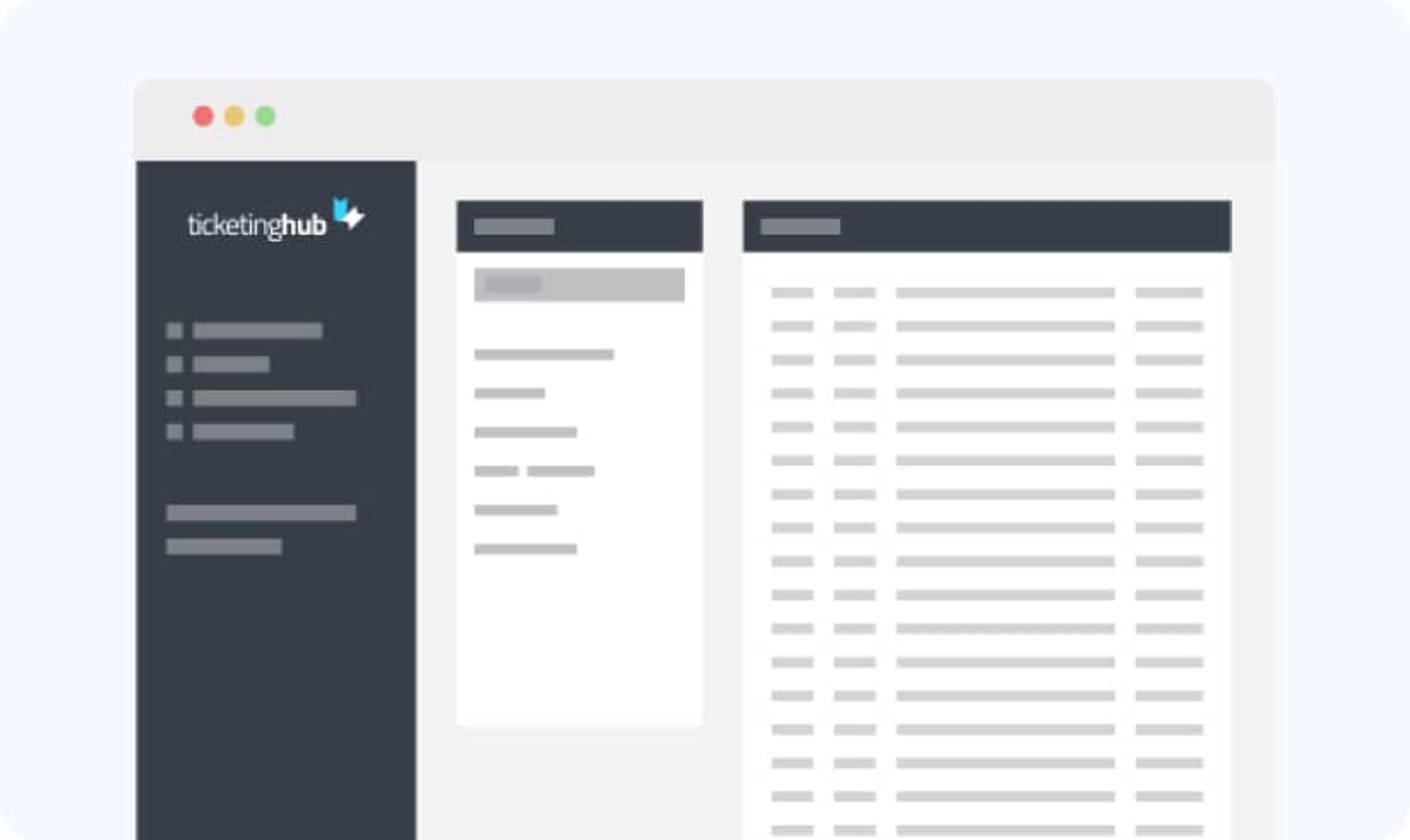 Wireframe pulpitu TicketingHub z paskiem bocznym i sekcjami treści