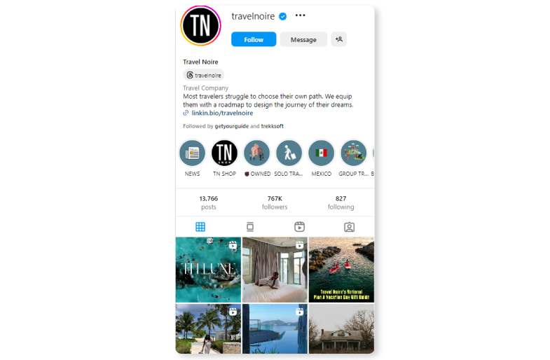 Travel NoireのInstagramプロフィール。多様な旅行先を紹介しています。