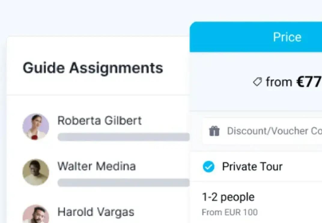 Seite für Zuweisungen von Guides zeigt Reiseleiter, Preise und Option für private Touren
