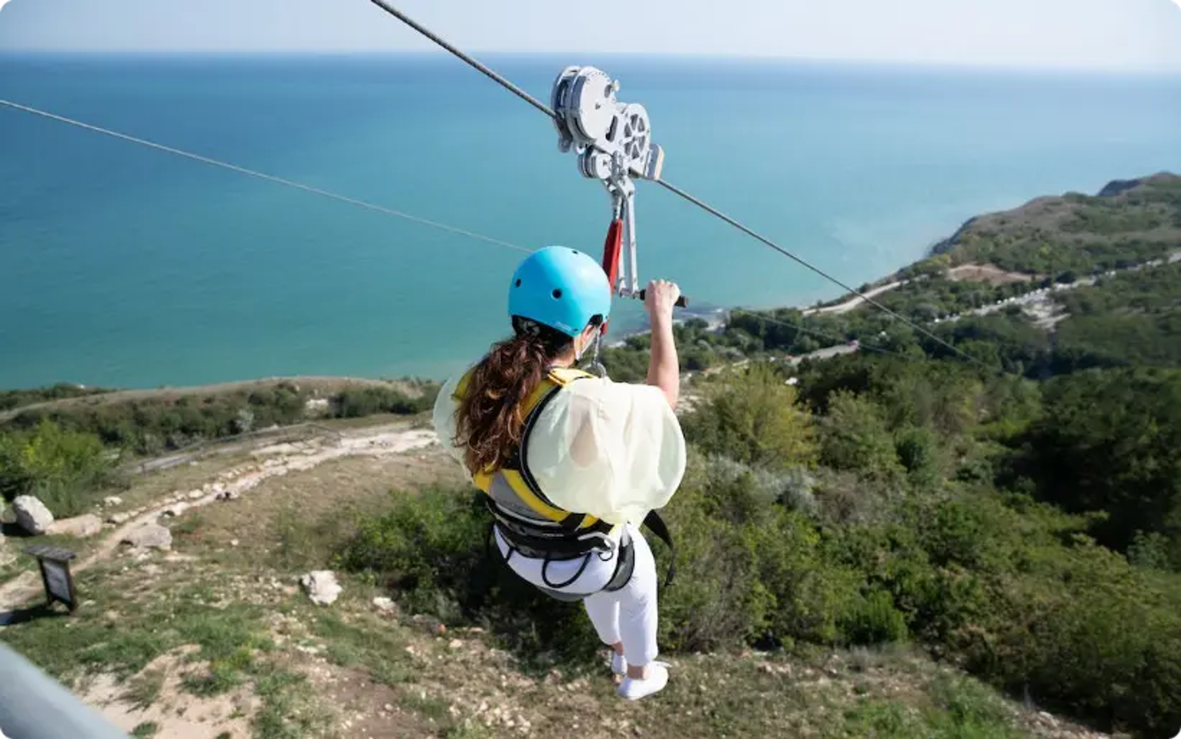 woman, riding zipline, experience
