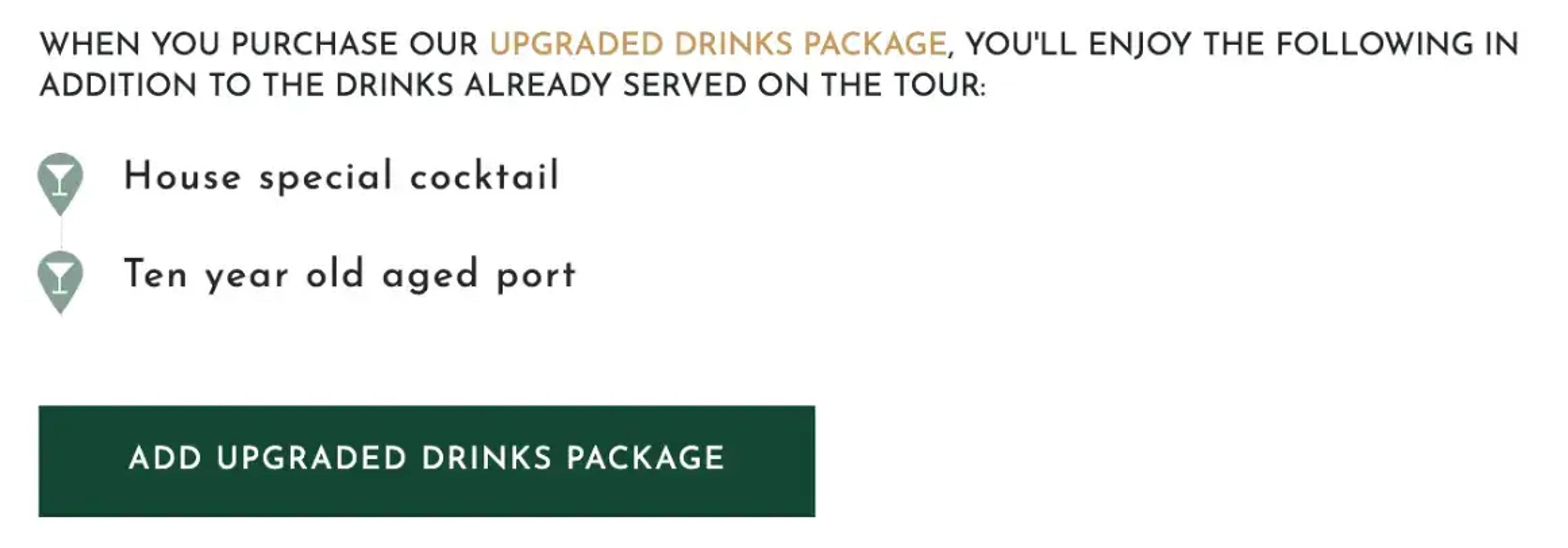 upsells extra services with a button to add on the drinks package