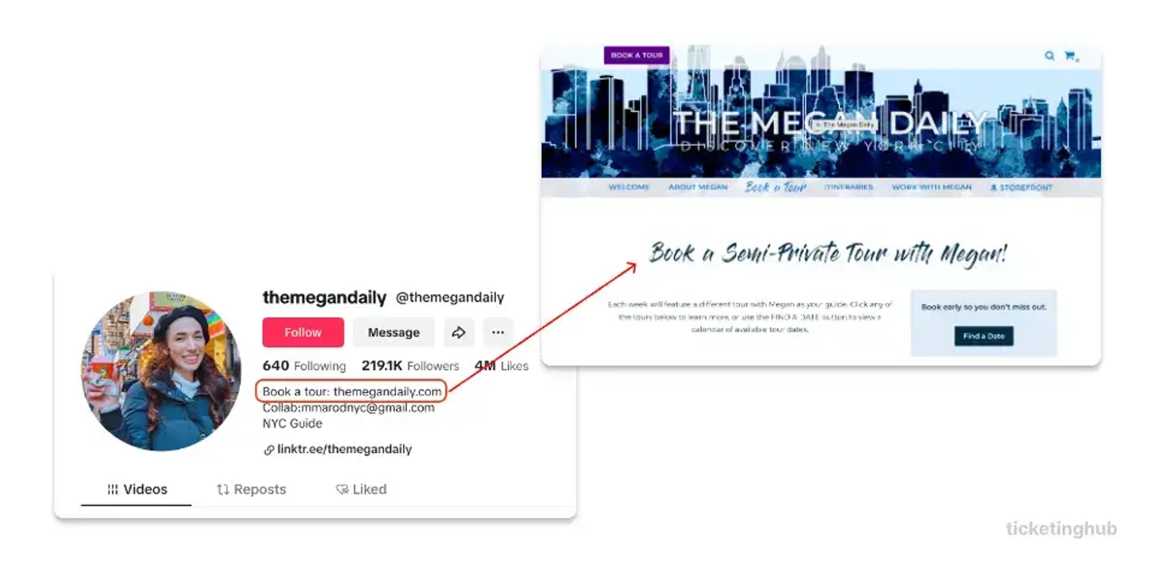 comment une influenceuse TikTok lie son compte TikTok à la page de réservation de son site officiel
