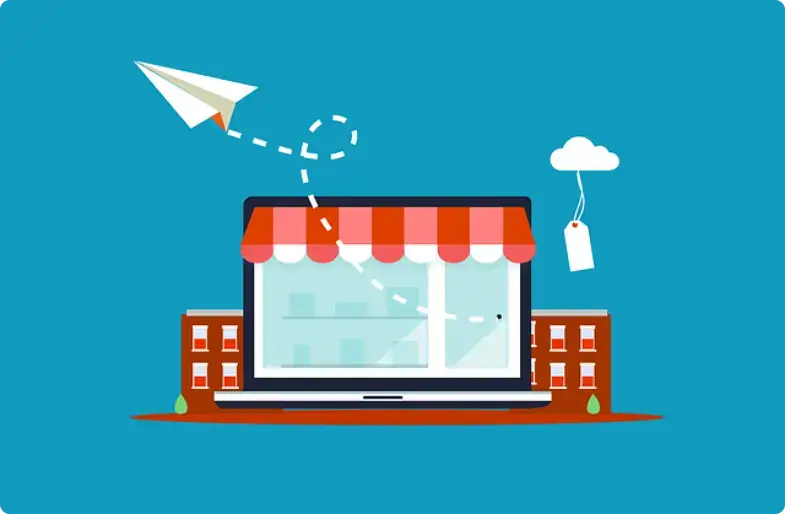 Online boetiek met papieren vliegtuigje, concept van e-commerce