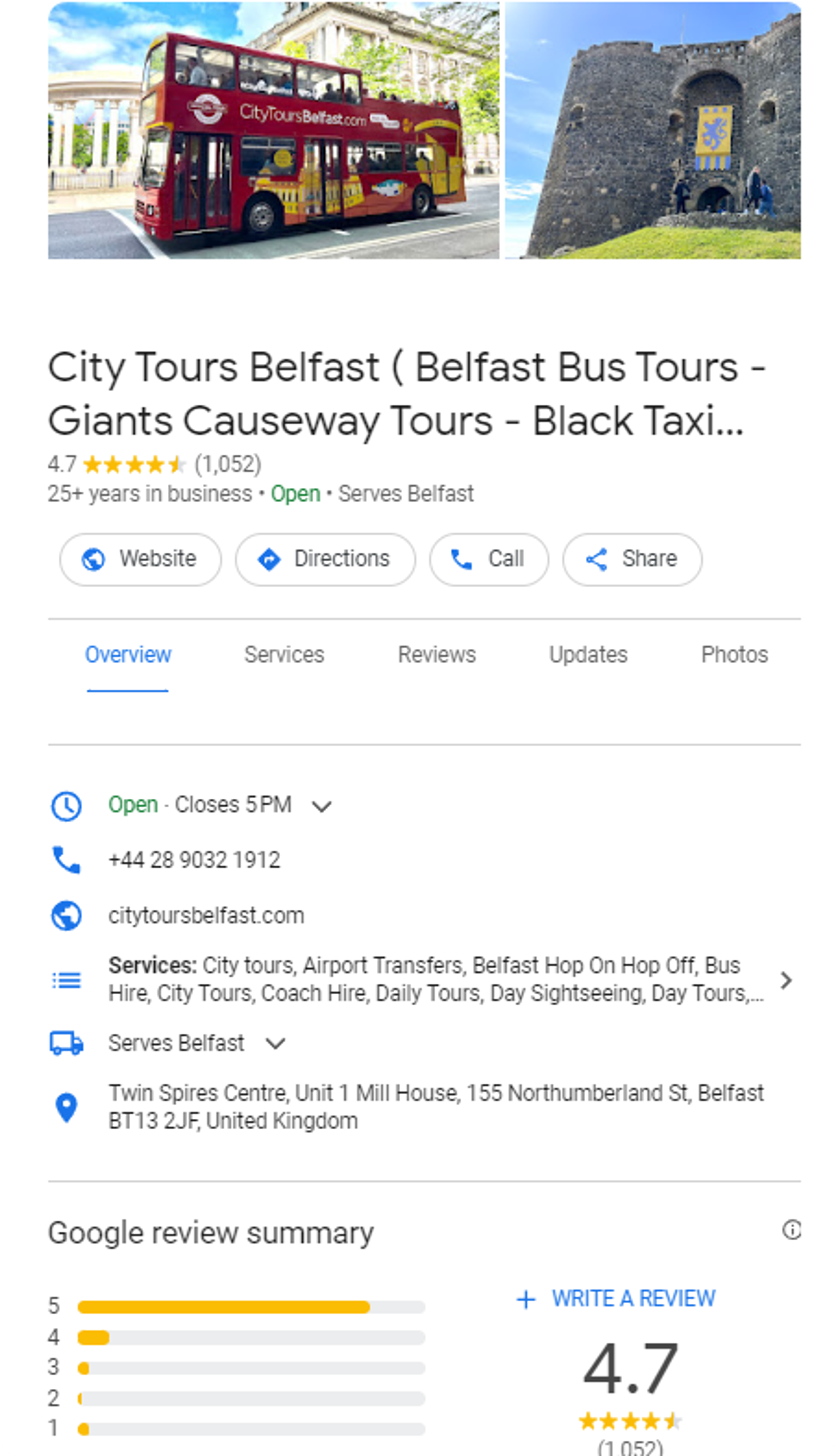Ausschnitt aus Google-Bewertungen zu Stadtrundfahrten in Belfast
