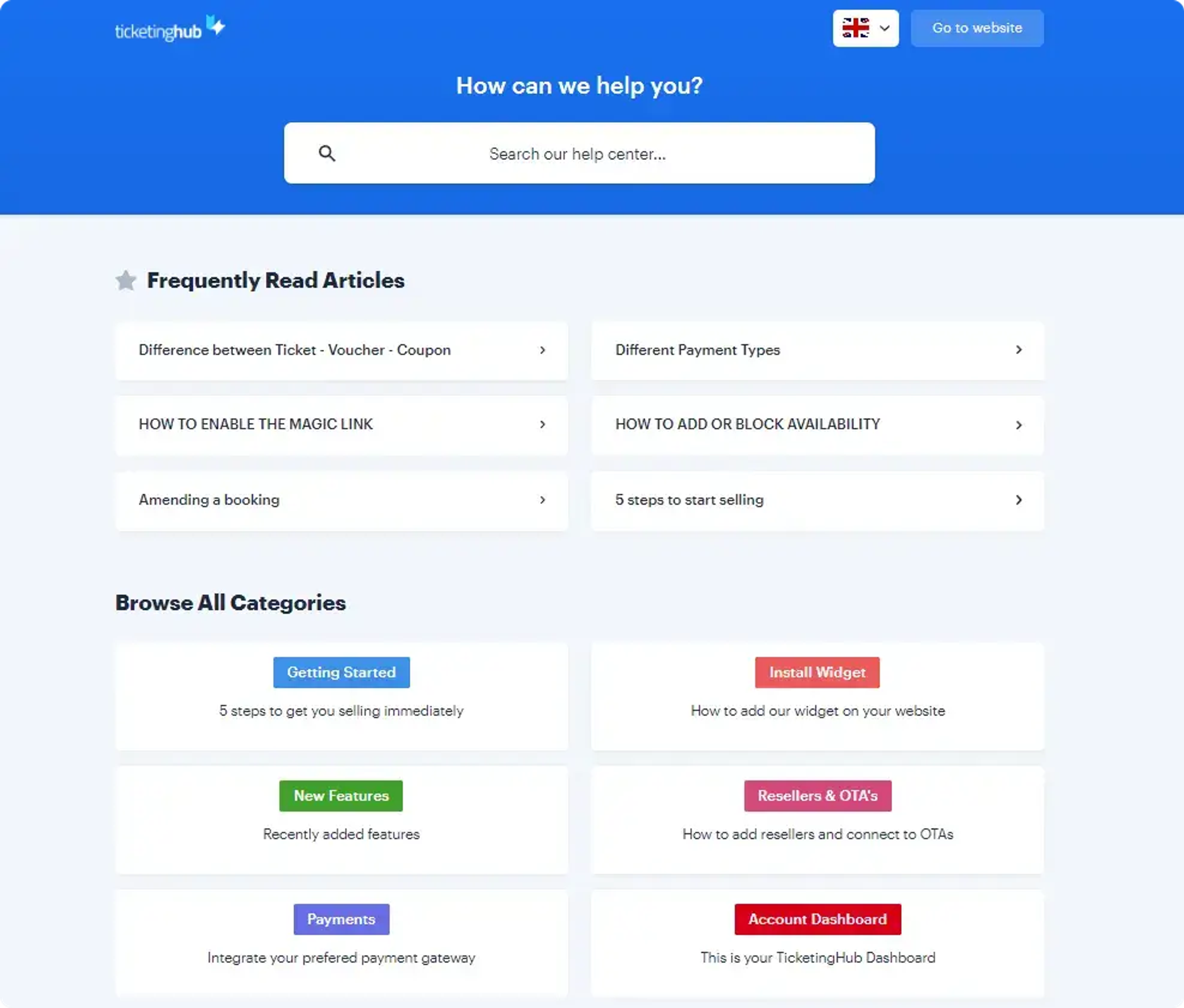 interfaz del sitio web del servicio de ayuda de ticketinghub