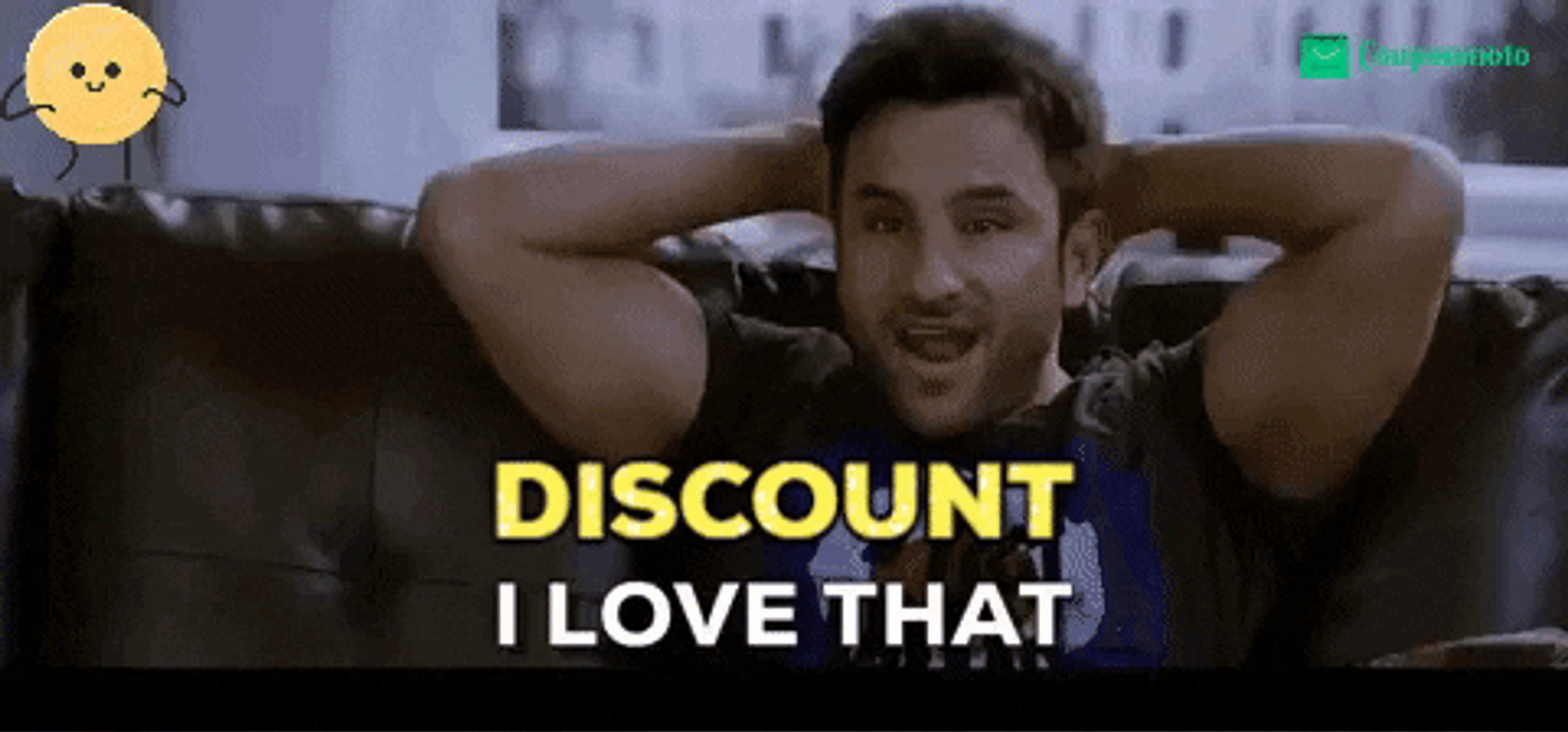 Man relaxing on couch, smiling with "Discount I Love That" text