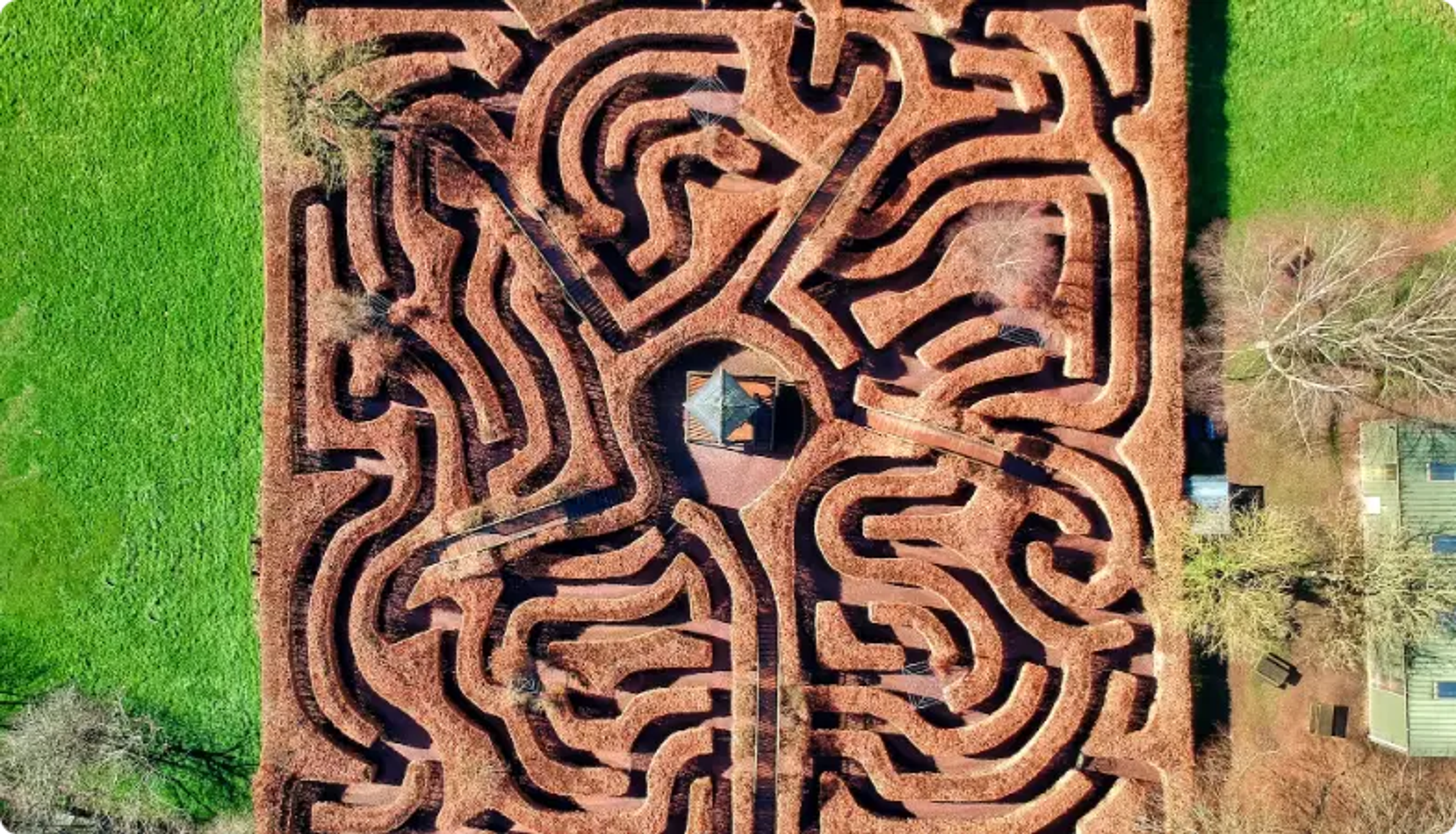 Aerial view of an intricate, brown earthen maze surrounded by green grass
