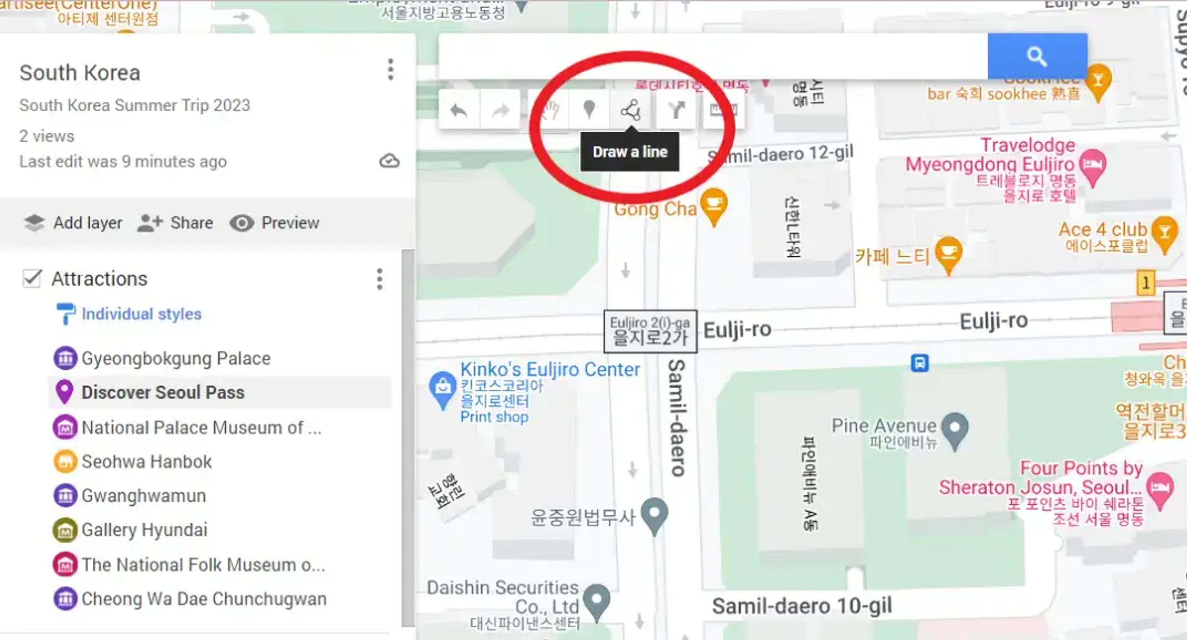 Mapa de Google Maps de Seúl con puntos de interés turístico