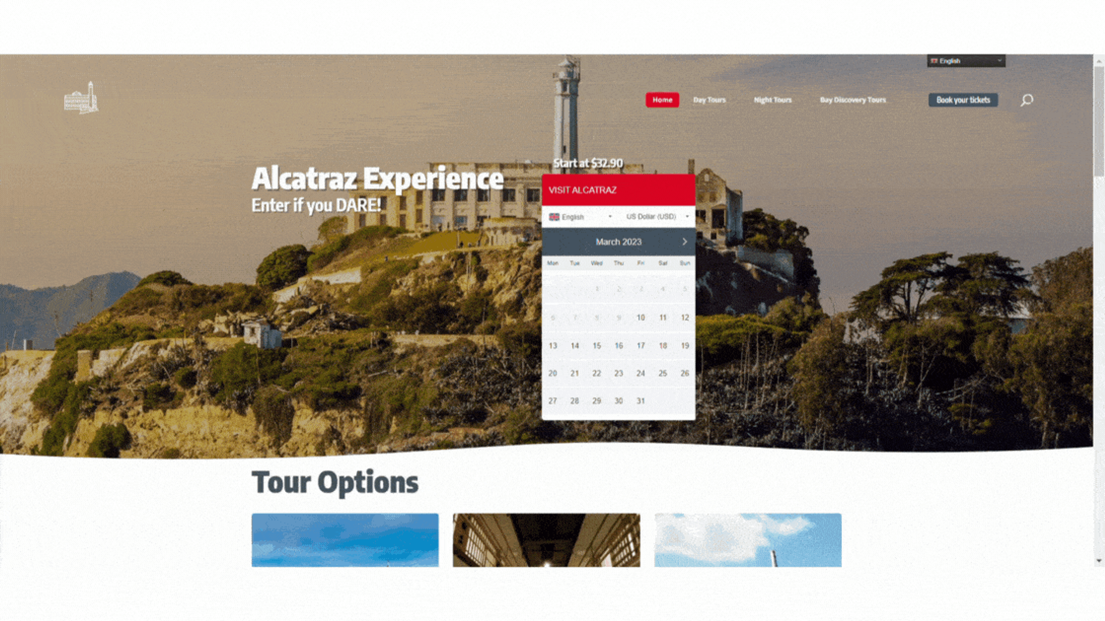 Website für die Buchung von Touren zur Insel Alcatraz mit historischem Gefängnis und Leuchtturm