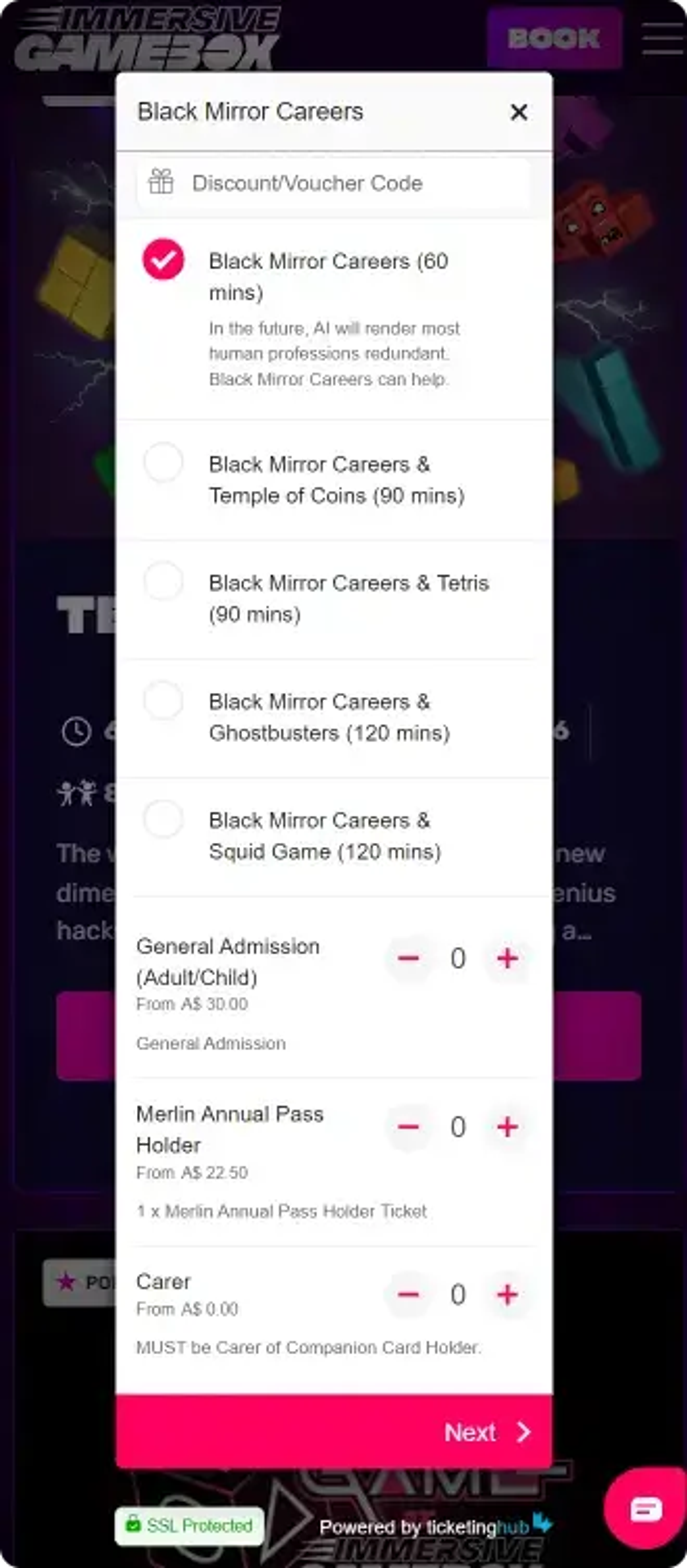 a ticketinghub foglalási widgetjét mutatja mobil eszközökön