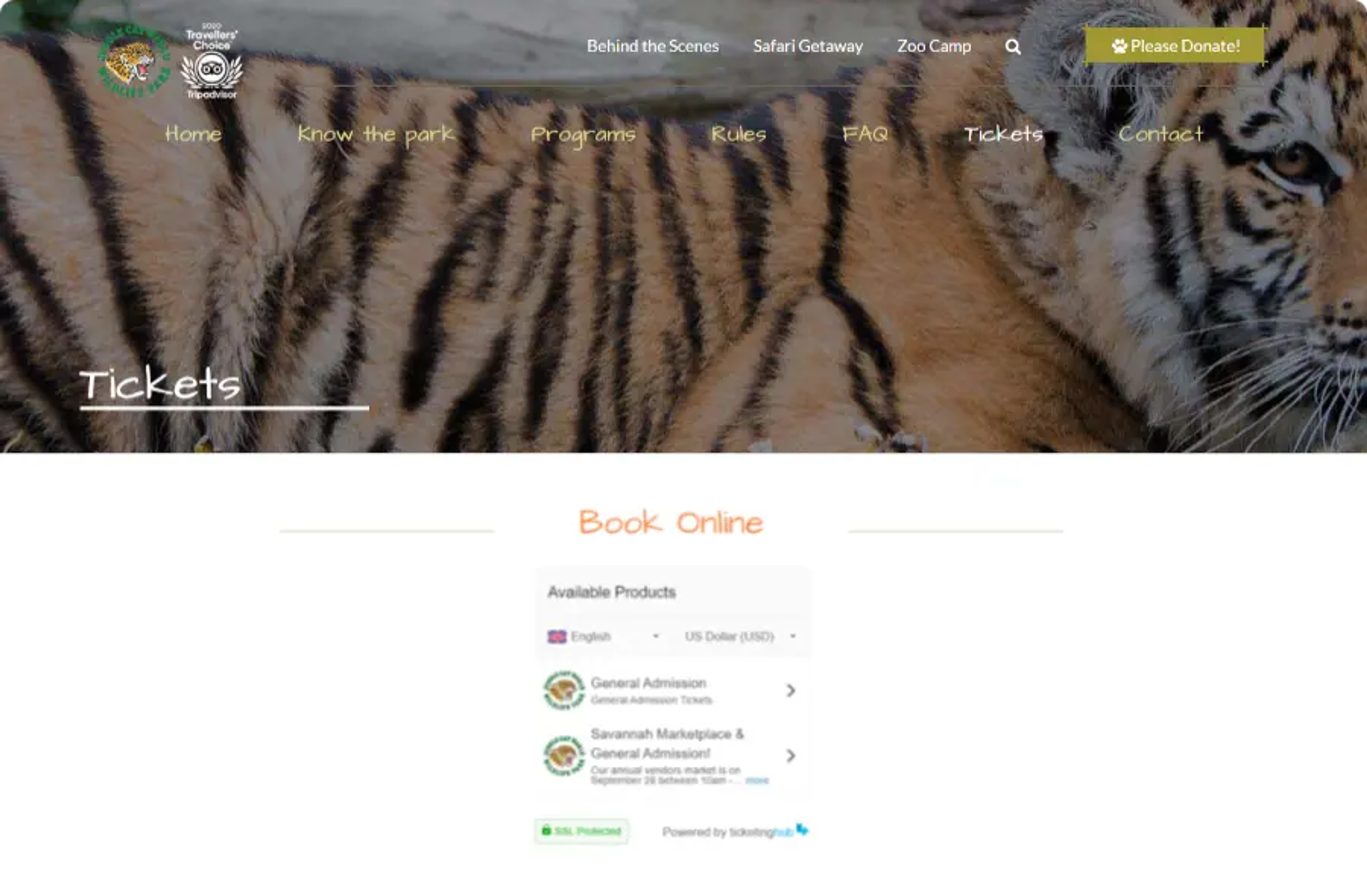 page de réservation de jungle cat world safari utilisant le logiciel de réservation ticketinghub