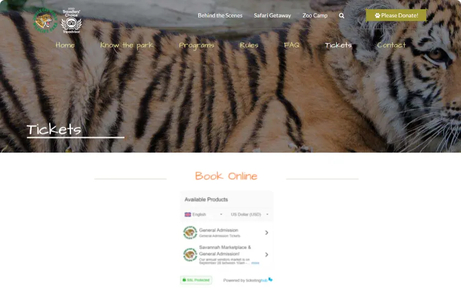 page de réservation de jungle cat world safari utilisant le logiciel de réservation ticketinghub