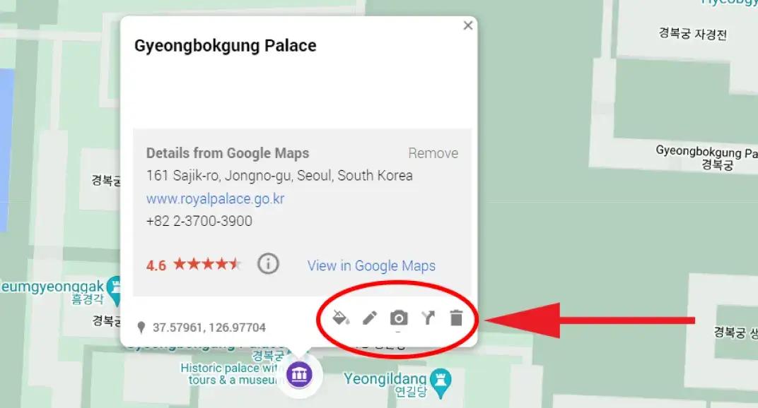 Carte Google Maps du palais royal de Gyeongbokgung à Séoul, en Corée du Sud