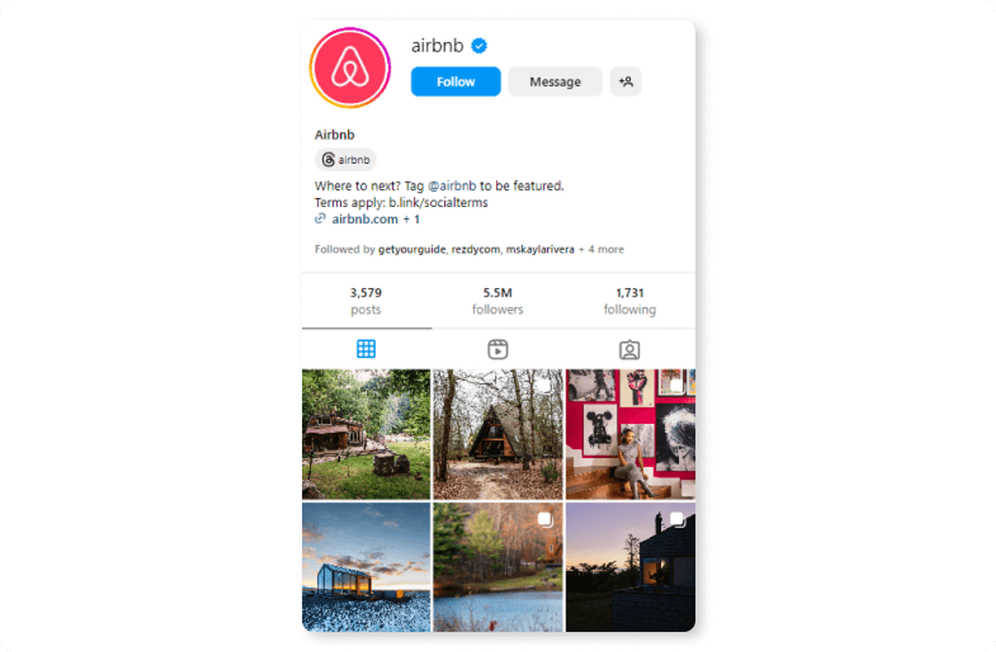פרופיל אינסטגרם של Airbnb עם תמונות של השכרות ייחודיות ופסטורליות