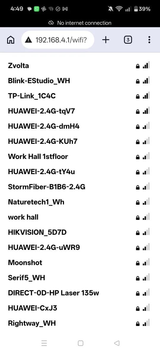 Phone screenshot: list of nearby Wi-Fi networks in WiFiManager