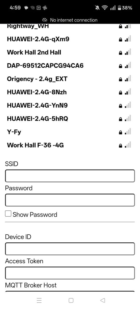 Phone screenshot: WiFiManager form with SSID and Password fields
