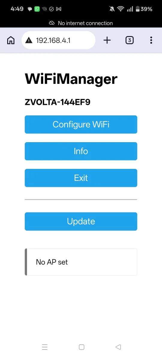 Phone screenshot: the WiFiManager page at 192.168.4.1 with Configure WiFi