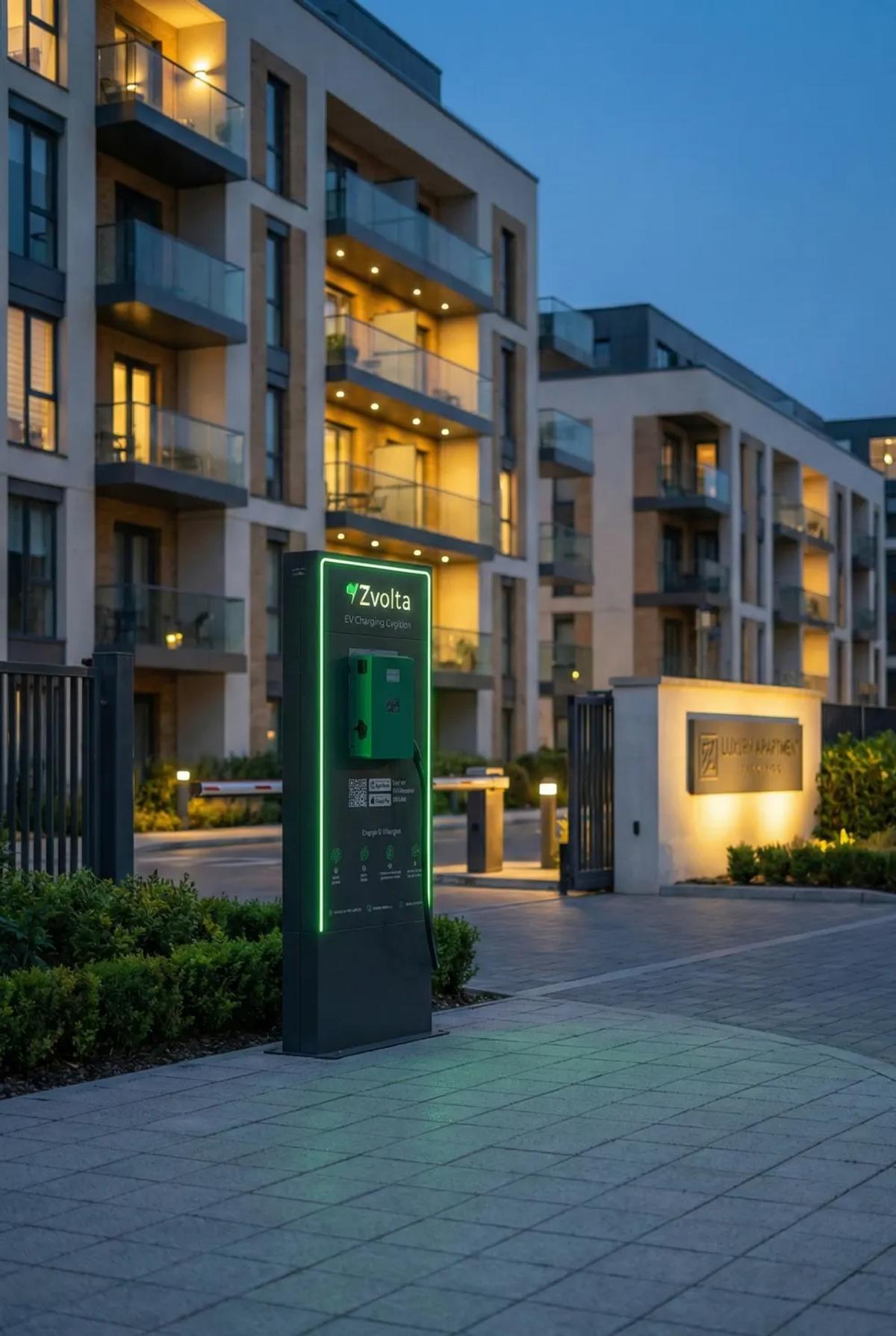 A Zvolta standing charger at the entrance of an apartment building at dusk