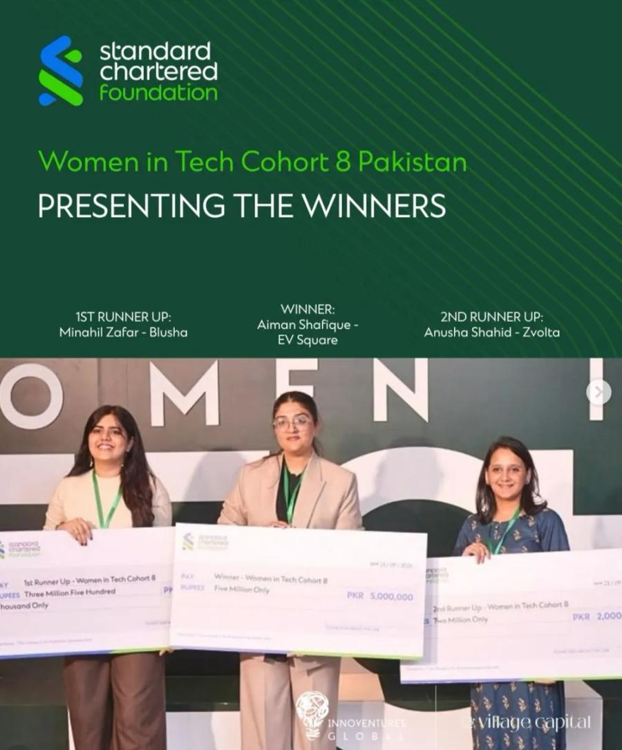 Standard Chartered Women in Tech Cohort 8 winners on stage, Anusha Shahid of Zvolta on the right