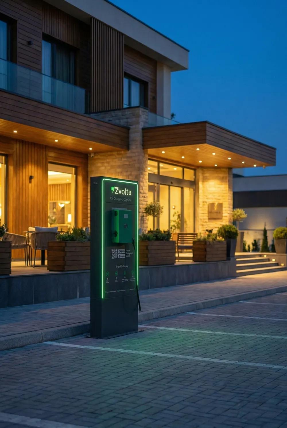 A Zvolta charging station outside a modern house at dusk