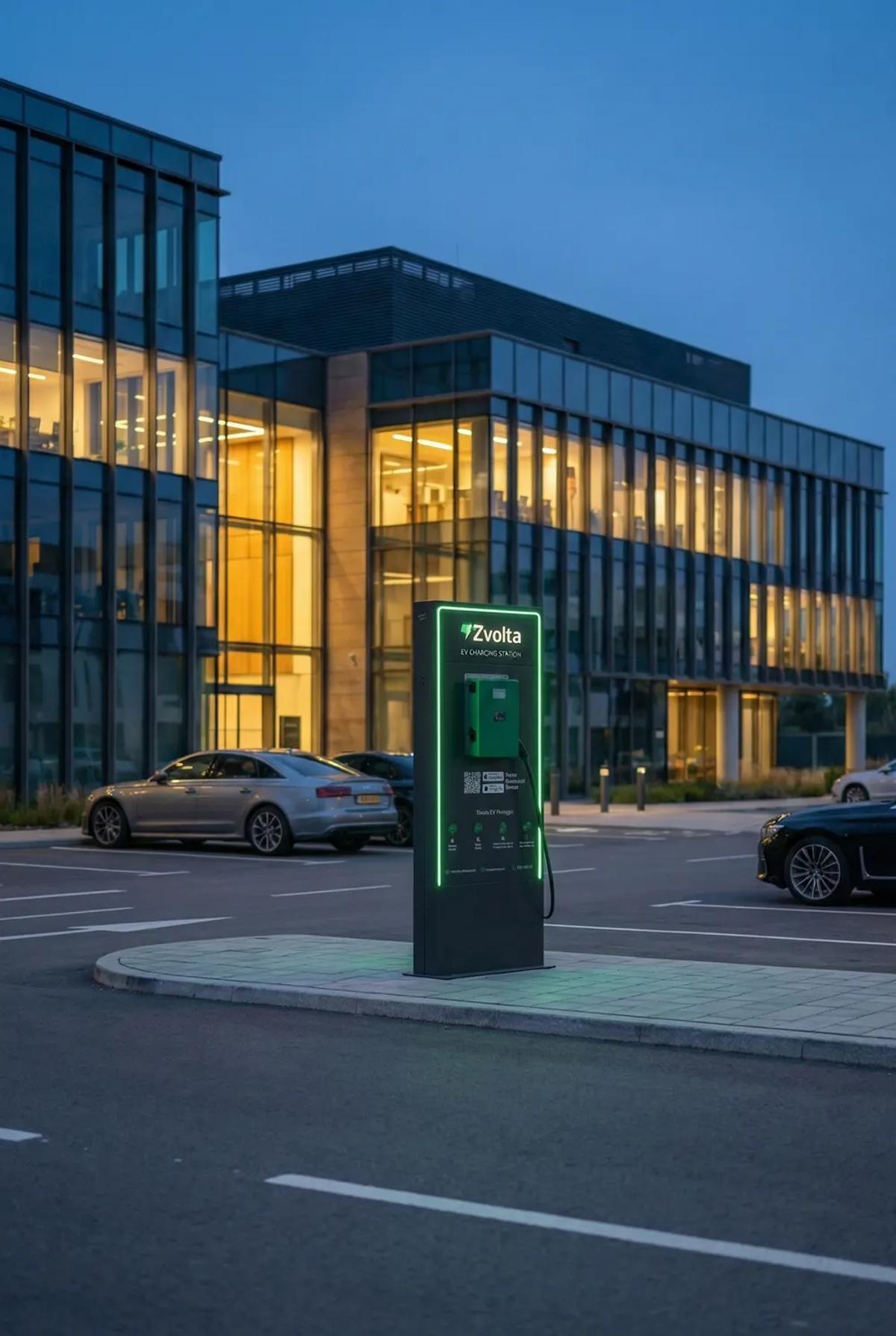 A Zvolta standing charger in an office car park at dusk