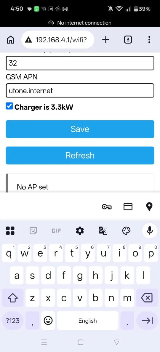 Phone screenshot: settings saved in WiFiManager