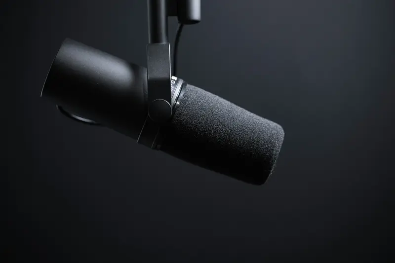 Professionele studiomicrofoon met popfilter op een verstelbare arm