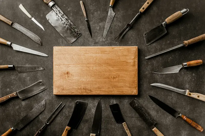 Professioneel koksmes op een houten snijplank met verse groenten in de keuken