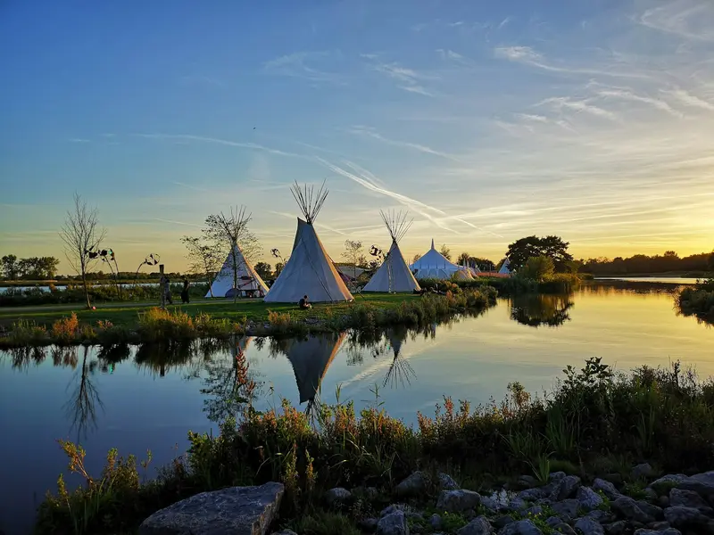 Tent in de Nederlandse natuur bij zonsondergang, wildcamperen