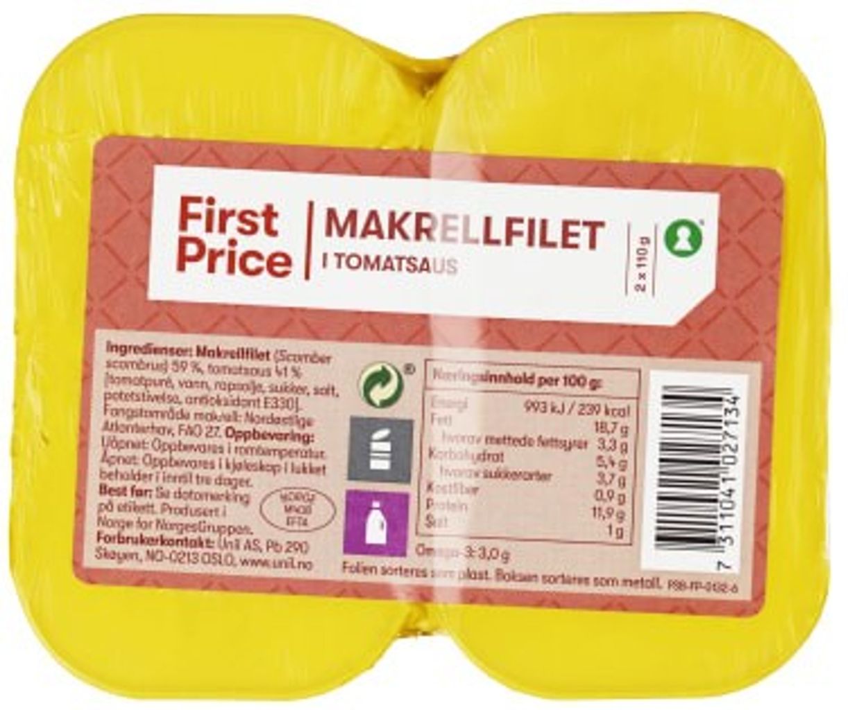 Makrellfilet i Tomat, 2x110g First Price 