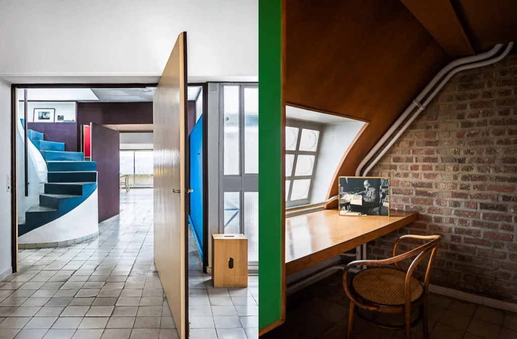Curving blue staircase paired with a window-side wooden desk at Atelier Le Corbusier