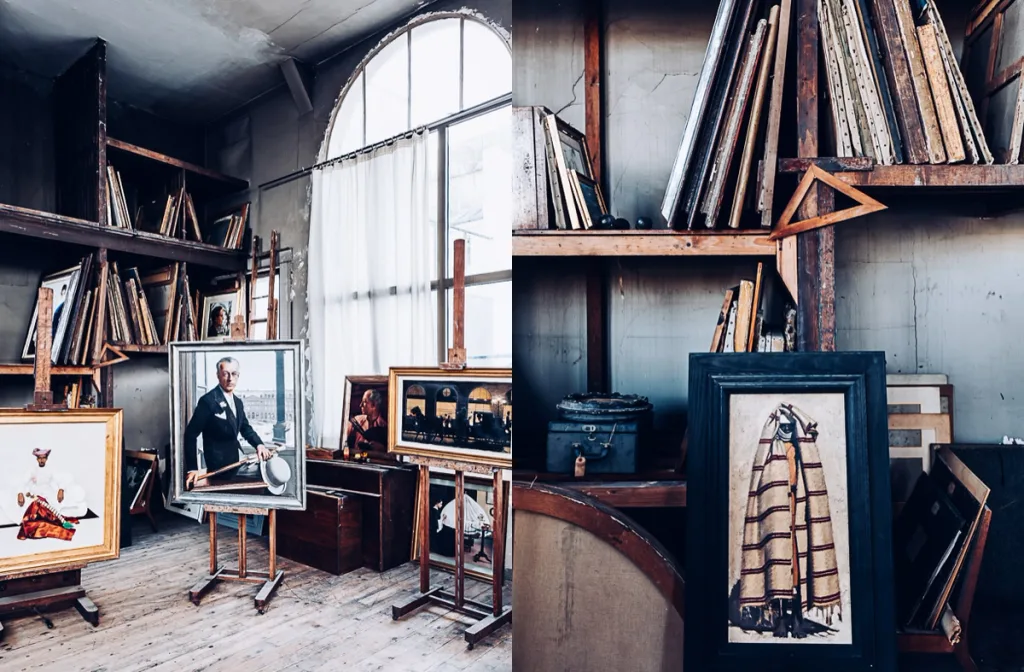Painting-filled studio and framed artwork detail in the Boutet de Montvel Paris series