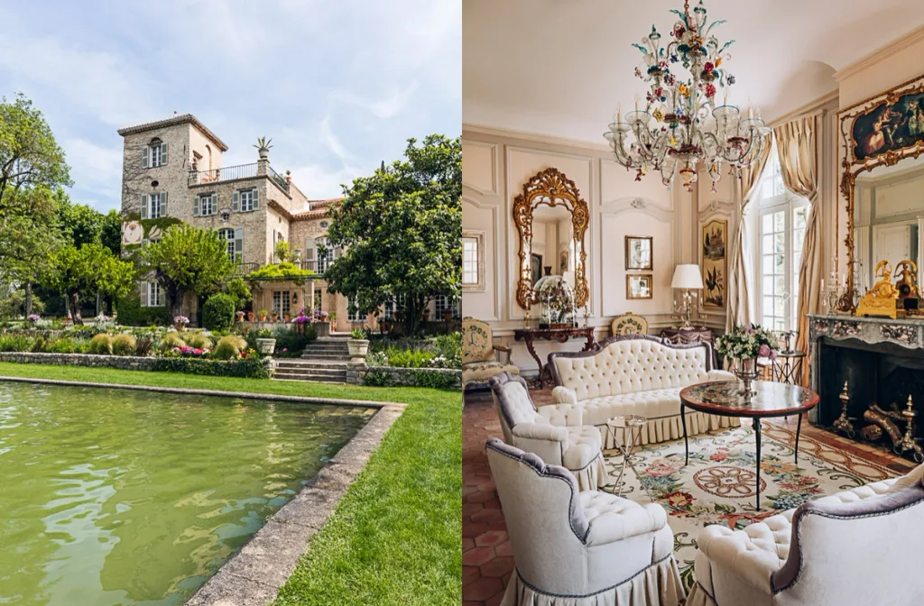 Chateau facade beyond a pool paired with a pale salon and ornate chandelier, Dior, la Colle Noire