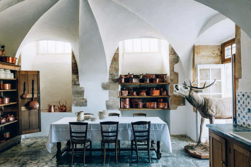 Vaulted kitchen with copper pans, a dining table and a stag display at Chateau de Digoine