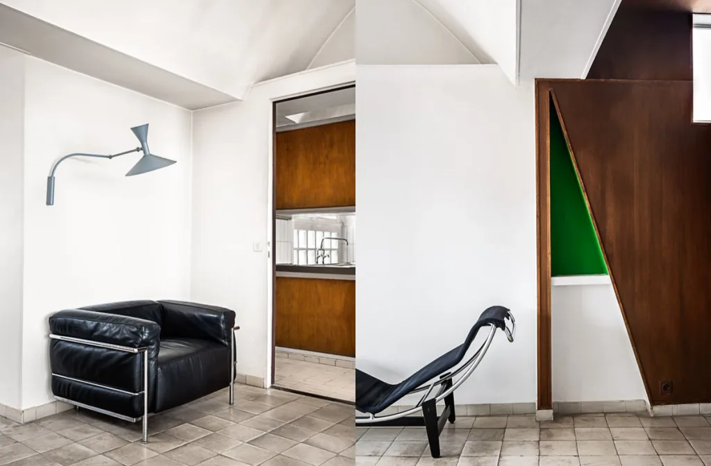 Black armchair beside a doorway paired with a reclining chair at Atelier Le Corbusier