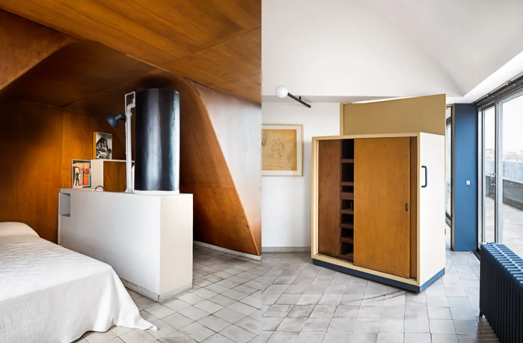 Wood-panelled bed alcove paired with a freestanding wooden cupboard at Atelier Le Corbusier
