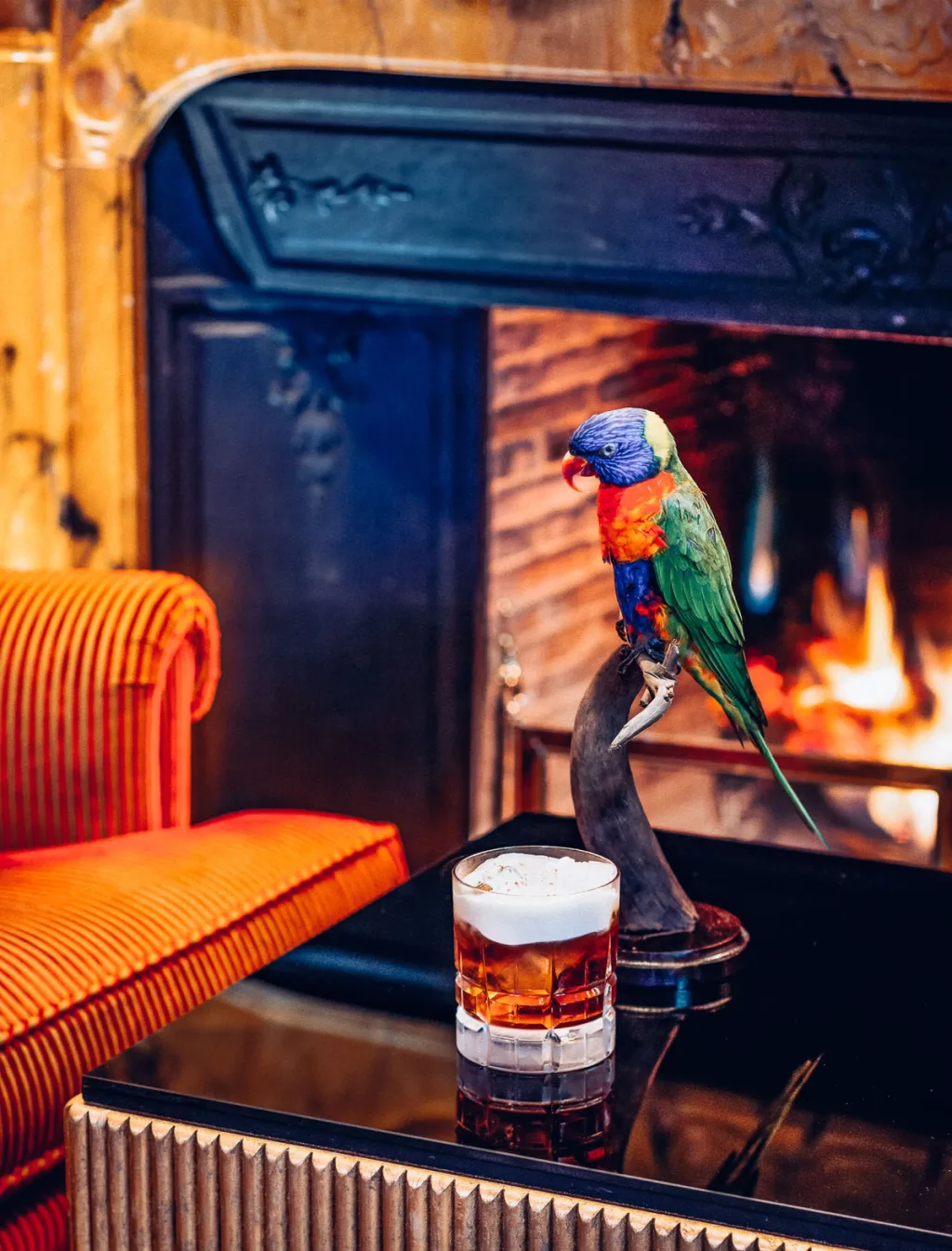 Amber cocktail beside a colourful bird ornament in front of a lit fireplace at Hôtel Bristol