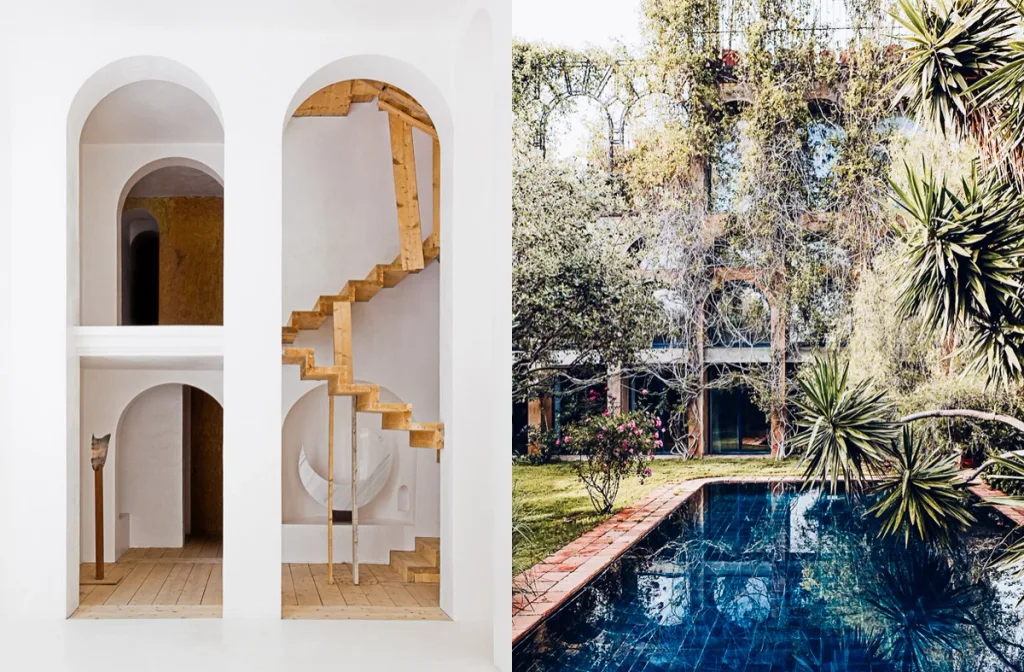 White arched interior paired with a garden pool beneath dense greenery, Xavier Corbero series