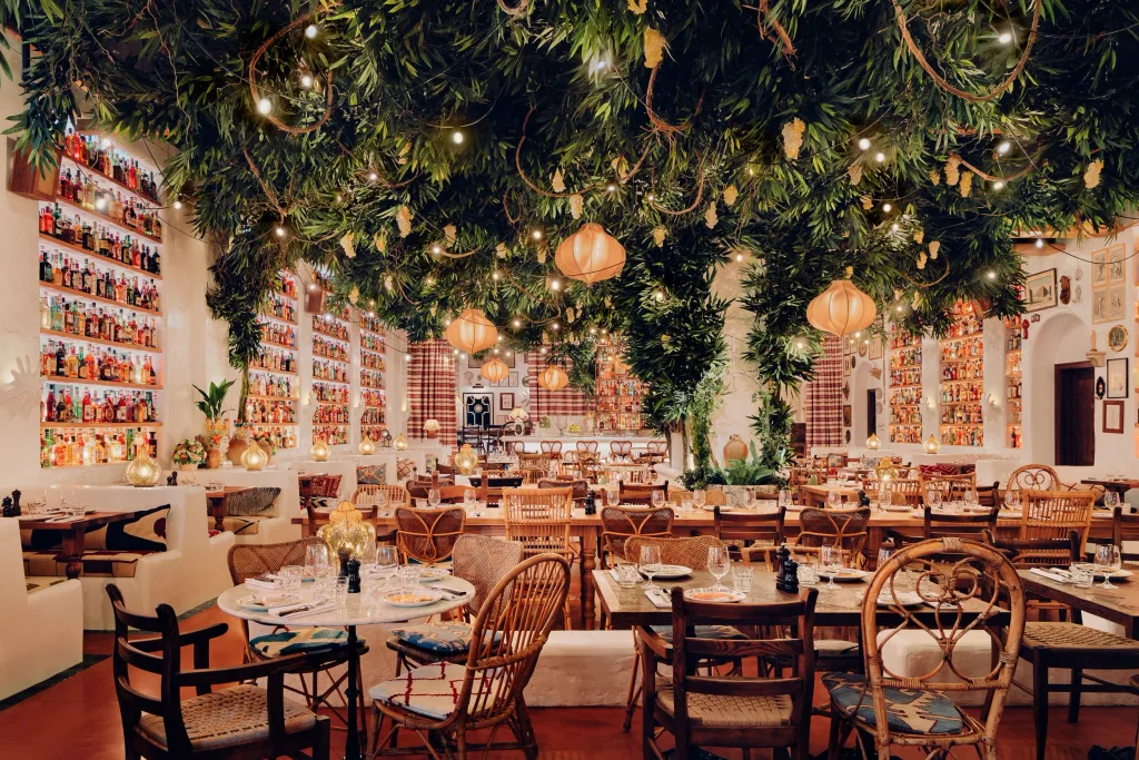 Dining room beneath dense hanging foliage, with bottle-lined walls at Big Mamma, UK