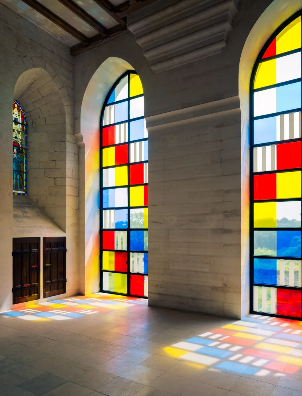 Geometric stained-glass windows casting coloured light on the floor at Donjon de Vez