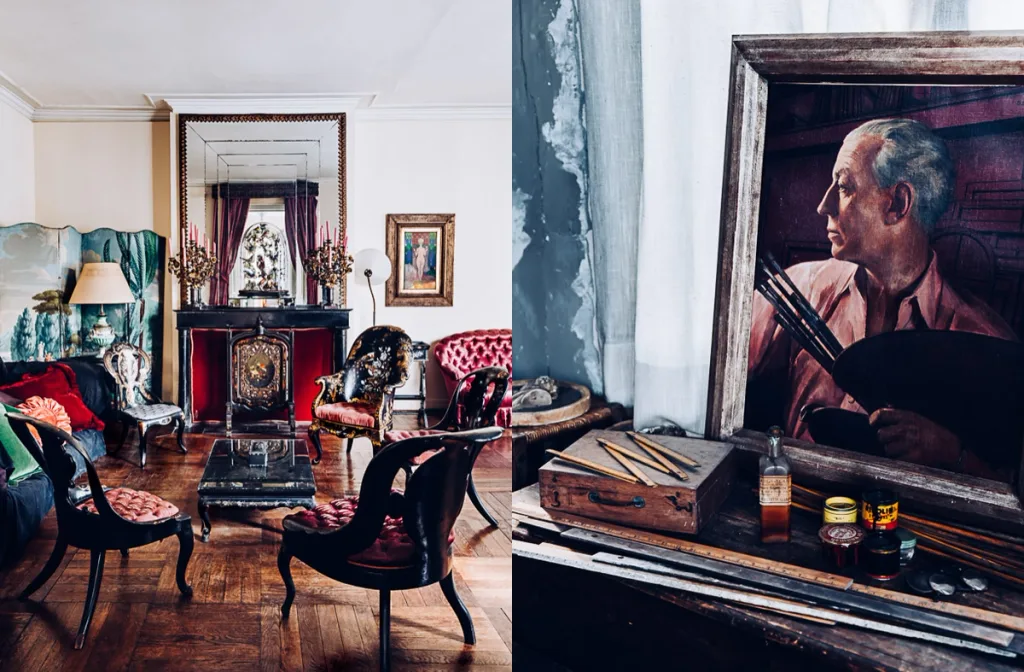 Ornate red-accented salon paired with a portrait and painting tools, Boutet de Montvel, Paris