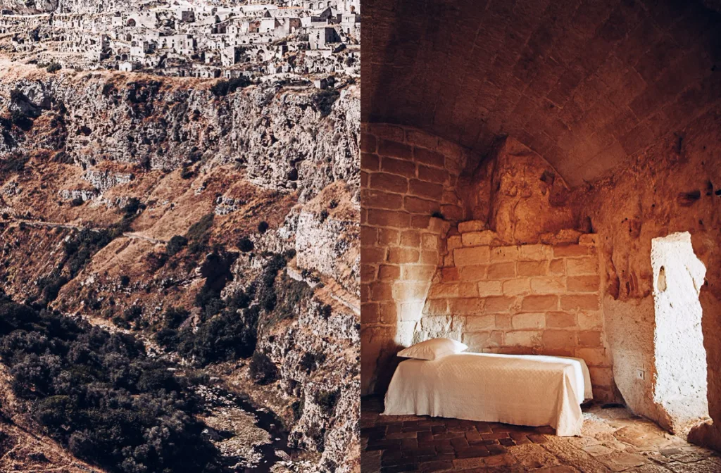 Aerial view of the cliffside town beside a vaulted cave bedroom, Sextantio Hotel, Matera