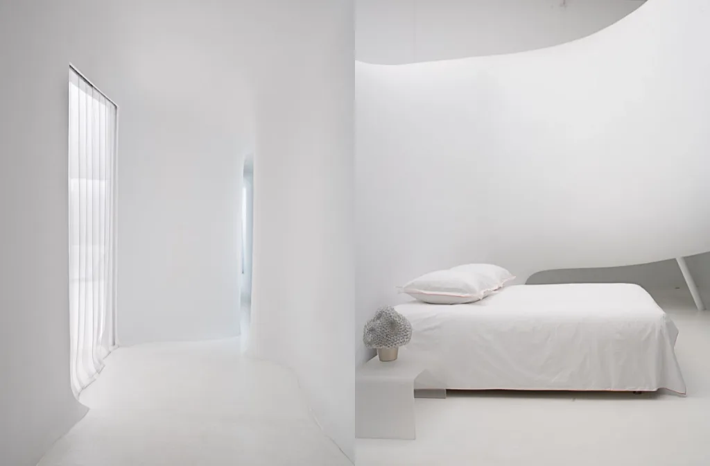 Sculptural white partition framing a bedroom beside a tall window, The Snake by François Roche