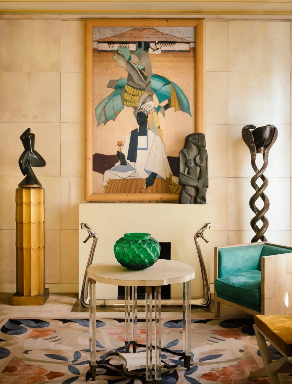 Green faceted vase on a round table among sculptures and paintings, Felix Marcilhac series, Paris