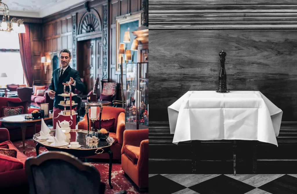Afternoon tea service and a white-clothed table with a pepper mill at Fairmont Hotel, Hamburg