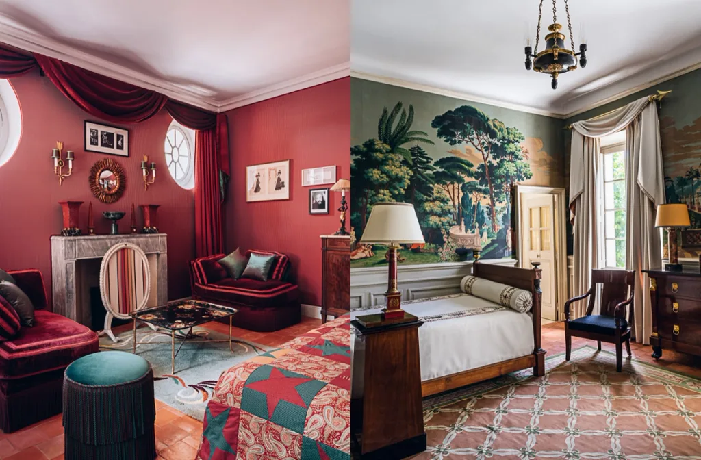 Red sitting area paired with a bedroom decorated with a landscape mural, Dior, la Colle Noire
