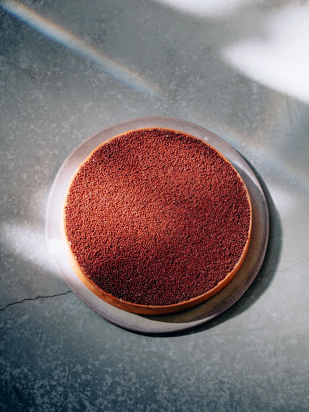 Round tart with a fine brown topping in slanting sunlight for Cyril Lignac’s Saisons cookbook