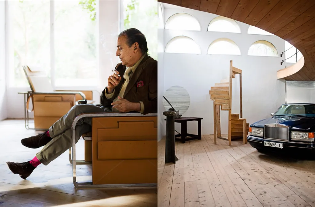 Seated man paired with a car beneath a curved timber ceiling, Xavier Corbero series